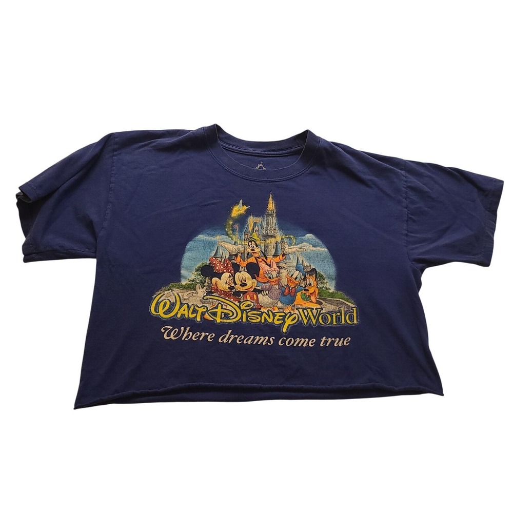 Walt Disney World Hanes Blue Cropped Graphic T-Shirt Mickey Mouse Friends Medium